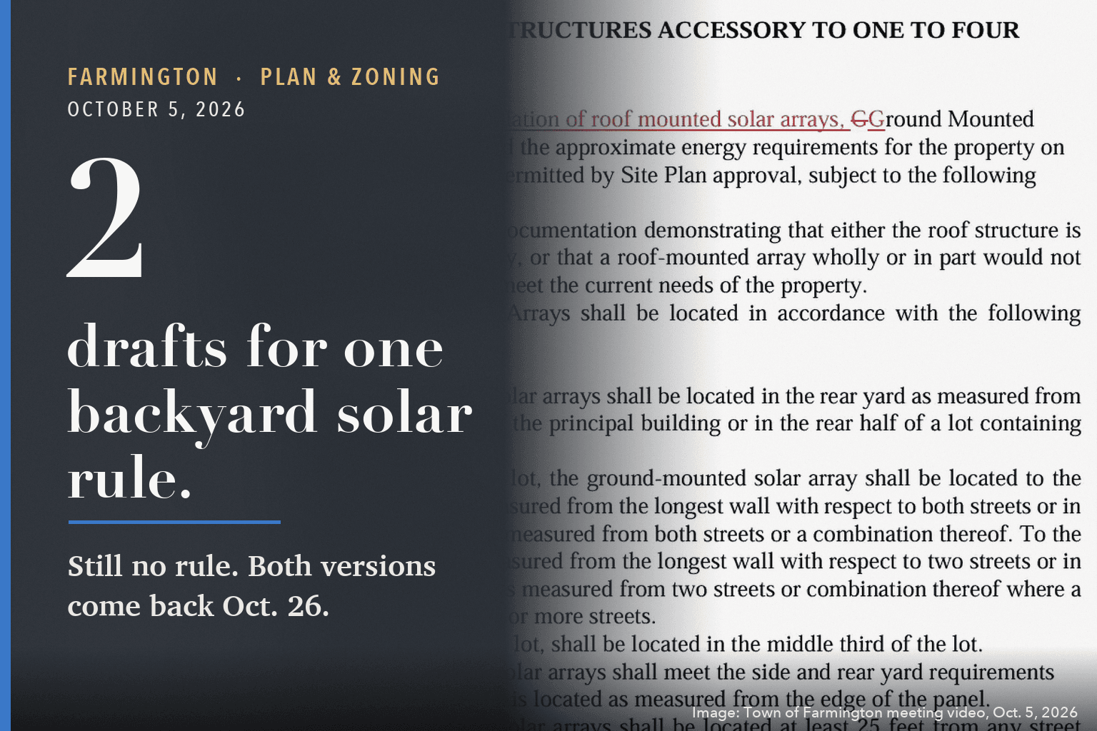 A redlined page of Farmington's draft ground-mounted solar regulation, with the added line about preferring roof-mounted arrays, beside the words: 2 drafts for one backyard solar rule. Still no rule. Both versions come back Oct. 26.