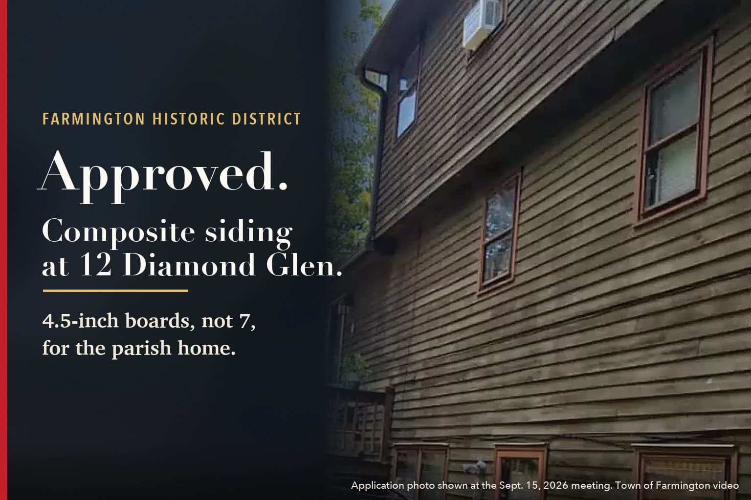 Dark wood clapboard siding and windows on the side of the house at 12 Diamond Glen Road, with the headline: Farmington Parish Home Can Replace Its Woodpecked Siding