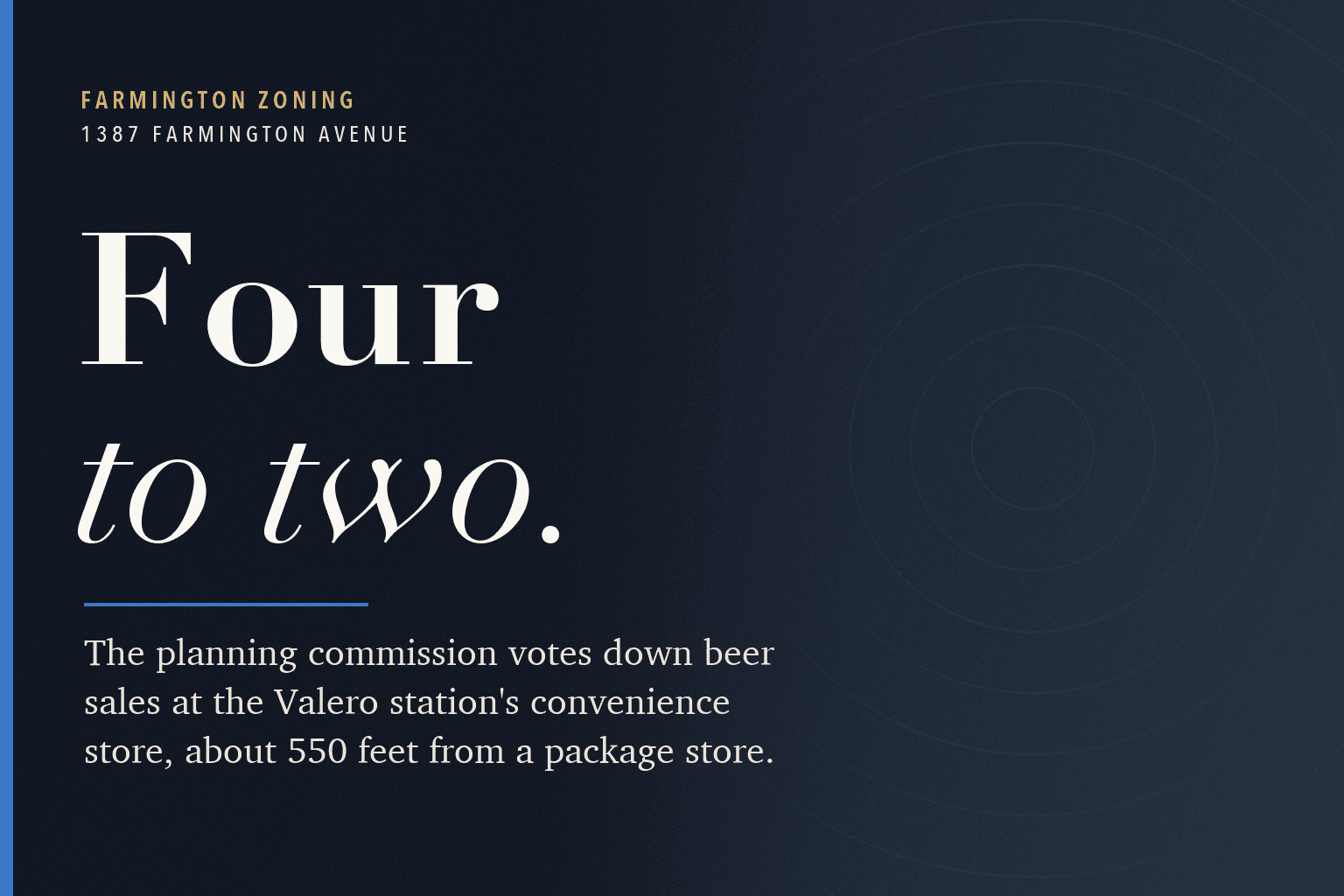 A navy typographic card reading Four to two, about the Farmington planning commission voting down beer sales at the Valero station convenience store.
