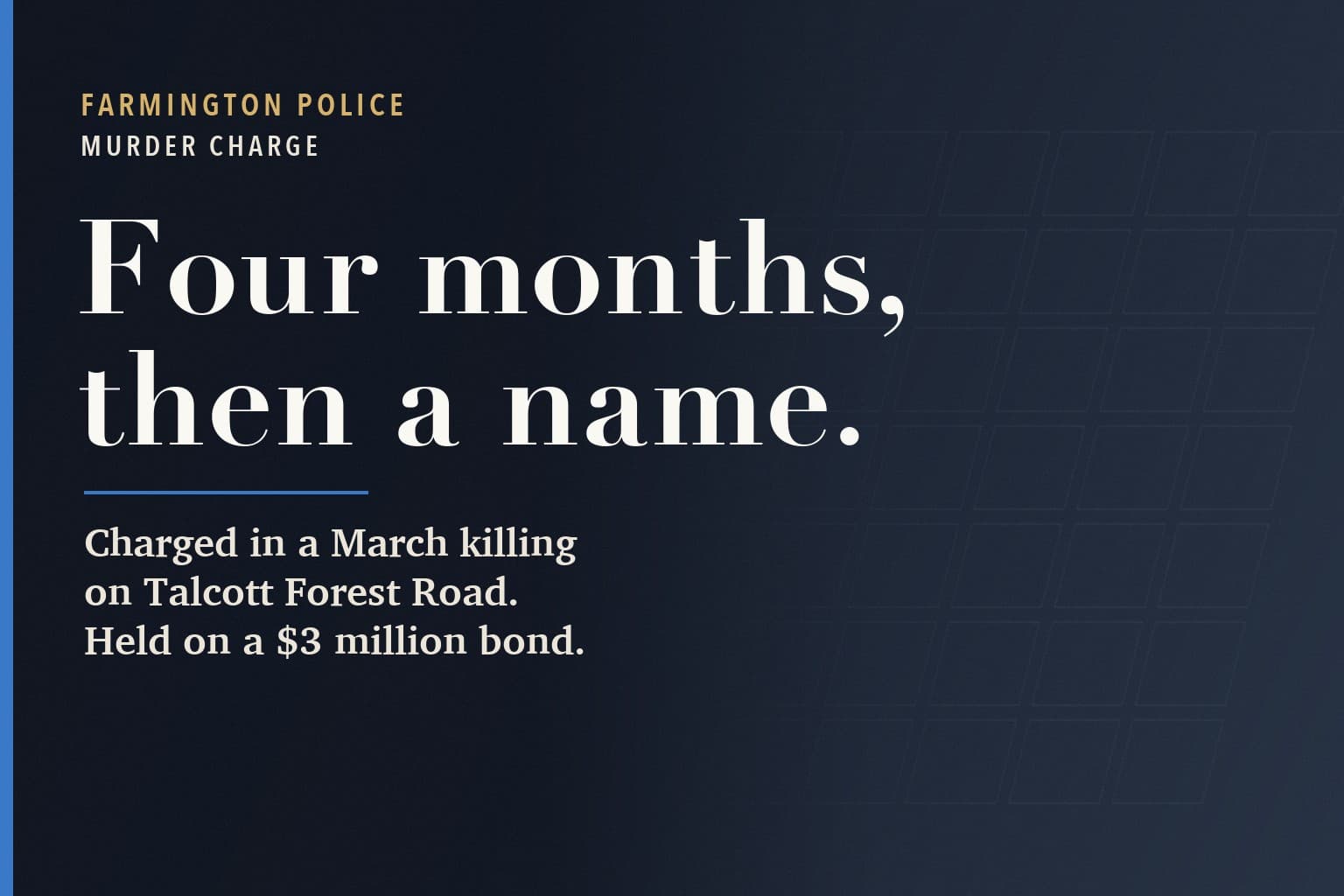 Farmington Mercury graphic. The words Four months, then a name, in large white type on a dark navy background, above: Charged in a March killing on Talcott Forest Road. Held on a $3 million bond.